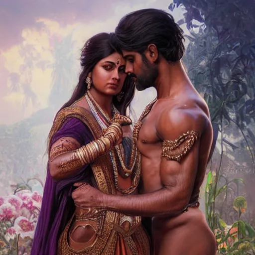 Image similar to portrait painting of dark muscular indian royal couple hugging, ultra realistic, concept art, intricate details, eerie, highly detailed, photorealistic, octane render, 8 k, unreal engine. art by artgerm and greg rutkowski and alphonse mucha