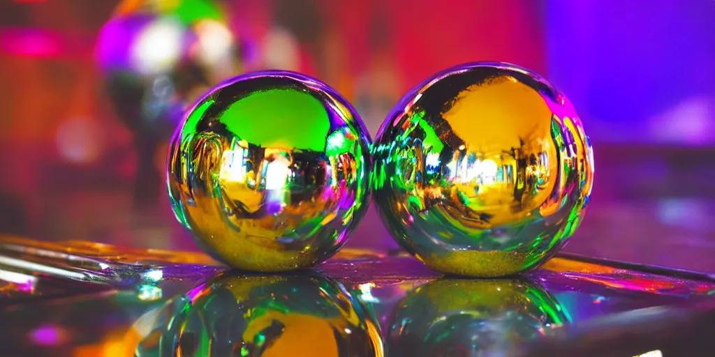 Image similar to ”close-up of a chrome pinball ball coming out of a ramp on high speed”, [neon glow, colorful, blur, bloom, zoomed, photography, bokeh]”