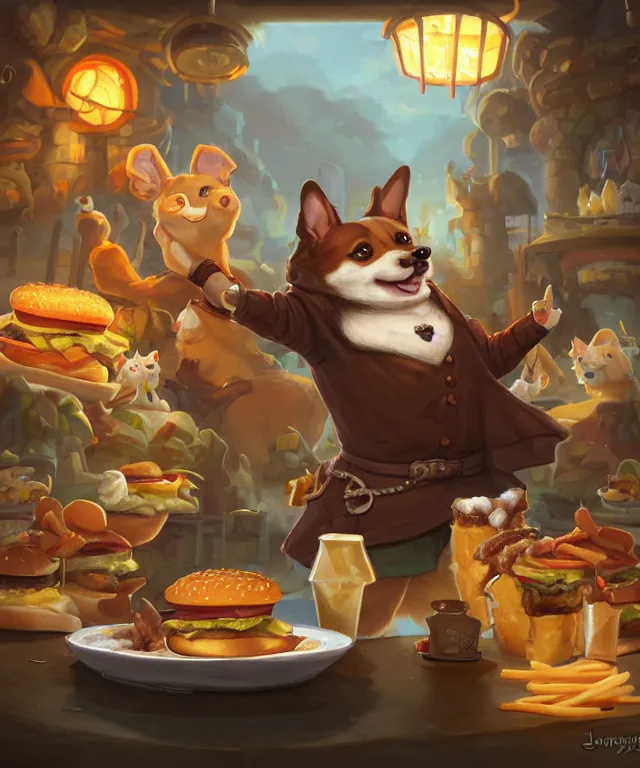 Image similar to a portrait of an anthropomorphic corgi cat eating hamburgers and fries, restaurant in background, cute and adorable, dnd character art portrait, well rendered matte fantasy painting, deviantart artstation, by jason felix by steve argyle by tyler jacobson by peter mohrbacher, cinematic lighting