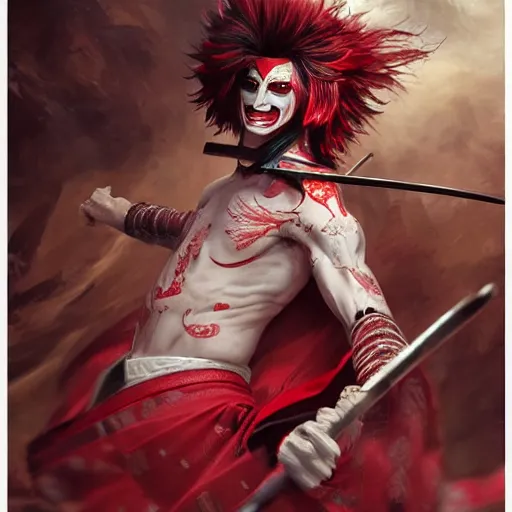 Image similar to an epic portrait of insane kabuki male wielding a spear covered in a distorting aura, intricate hakama, poofy red wig, eerie, highly detailed, dark fantasy, art by artgerm and greg rutkowski