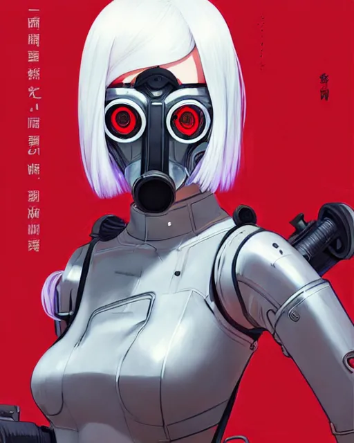 Image similar to white haired cyborg girl wearing a gas mask and red dress | | audrey plaza, warframe armor, fine detail!! anime!! realistic shaded lighting!! poster by ilya kuvshinov katsuhiro otomo ghost - in - the - shell, magali villeneuve, artgerm, jeremy lipkin and michael garmash and rob rey