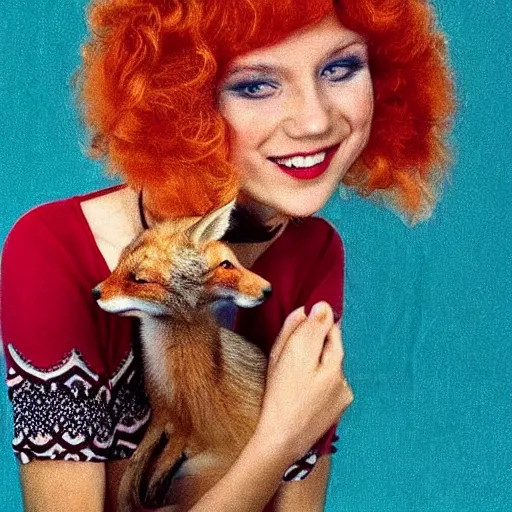 Image similar to portrait of a red haired woman, in 7 0 s clothes, holding a fox over her head while roller skating