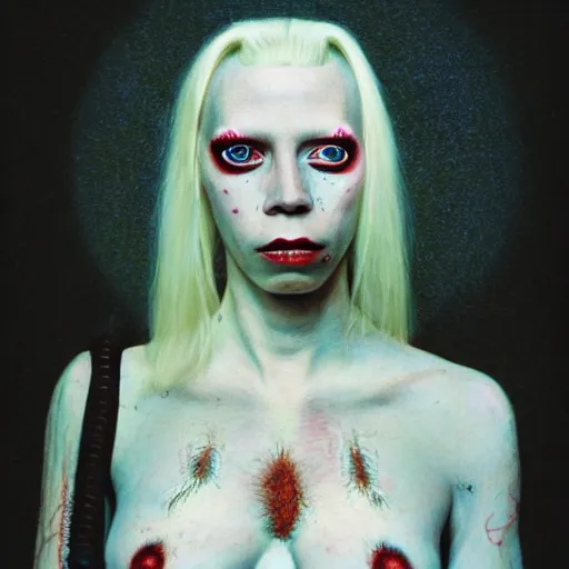 Prompt: realistic expired kodak film portrait of female albino yolandi visser, hyperrealism, hypermaximalism, photorealistic, detailed, atmospheric, 8 k, award winning photography, cinematic