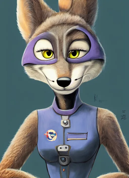 Image similar to oil painting detailed full body of anthromorphic female wolf, in style of zootopia, zootopia, zootopia, fursona, furry, furaffinity, 4 k, deviantart, furry art, fursona art, wearing astronaut outfit, in style of zootopia, wolf fursona, cyberpunk, female, detailed feminine face,