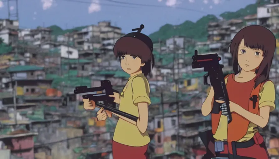 Prompt: 8 k screencap of a girl with a gun on a favela anime, by hayao miyazaki, studio ghibli, favela background extremely high quality artwork