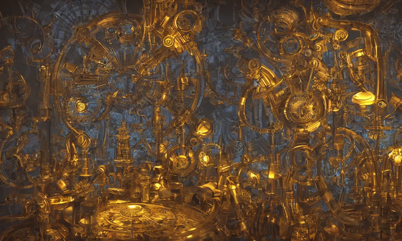 Image similar to steampunk engine laboratory 3 d volume kaleidoscope chakra digital color stylized concept substance natural color scheme, global illumination ray tracing hdr fanart arstation by sung choi and eric pfeiffer and gabriel garza and casper konefal