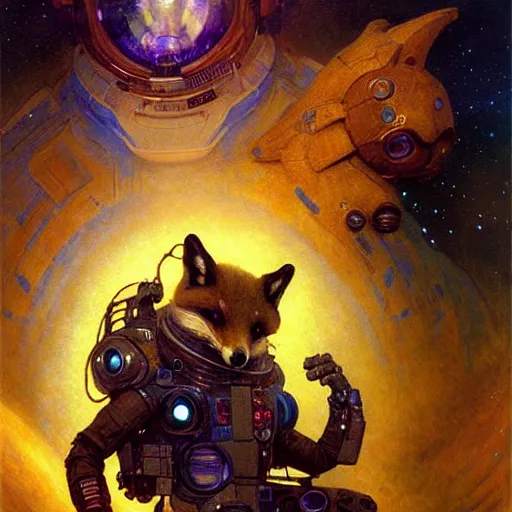 Image similar to portrait of a space fox. futuristic spaceship. shadowrun furaffiniy cyberpunk fantasy highly detailed painting by gaston bussiere craig mullins jc leyendecker gustav klimt artgerm greg rutkowski john berkey, bergey, craig mullins, ruan jia, raymond swanland, jeremy mann, tom lovell, alex malveda