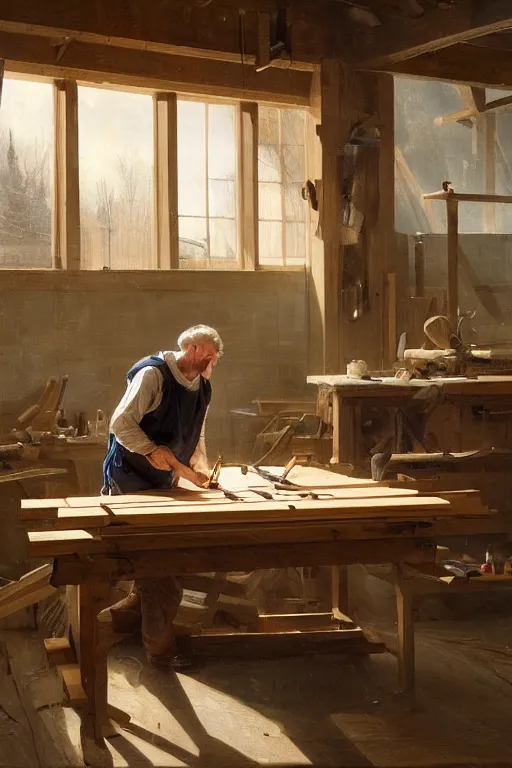 Image similar to simple craftsman fine woodworker building a wooden table in their well lit clean open workshop, thomas lawrence, greg rutkowski