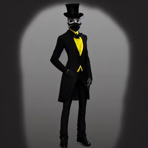 Image similar to a highly detailed portrait of a man in a high top hat covering his face, in a black tailcoat with a yellow waistcoat under the tailcoat, artstation, deviantart, professional, unreal engine 5, photorealistic