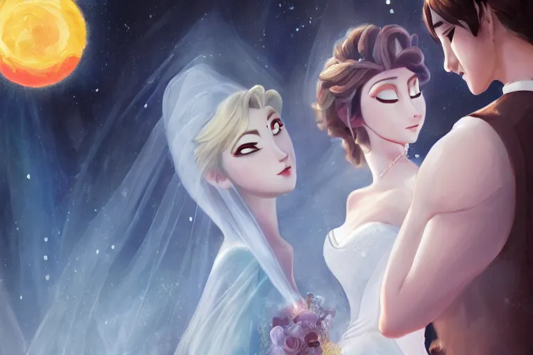 Image similar to a cinematic portrait of wedding photograph jpeg close up moment of a divine a japan sun god and moon goddess lovers magician at a wedding banquet. portraiture. digital painting. artstation. concept art. wedding photo. illustration. frozen ii art masterpiece by art by krenz cushart