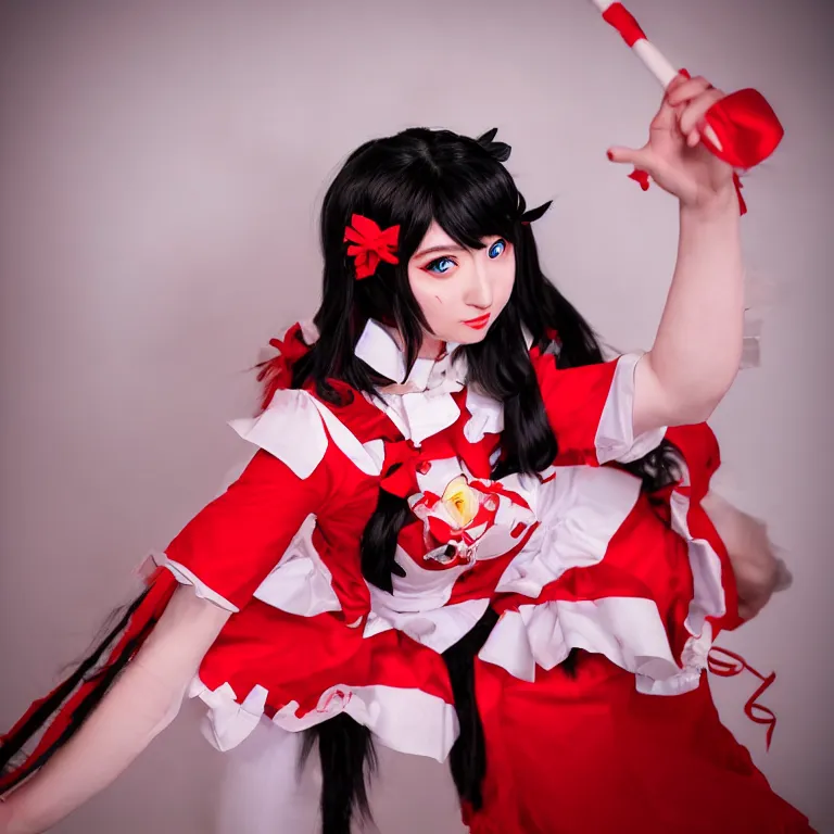 Prompt: beautiful reimu hakurei cosplay, beautiful professional photography, perfect human anatomy. Indoors, overhead lighting.