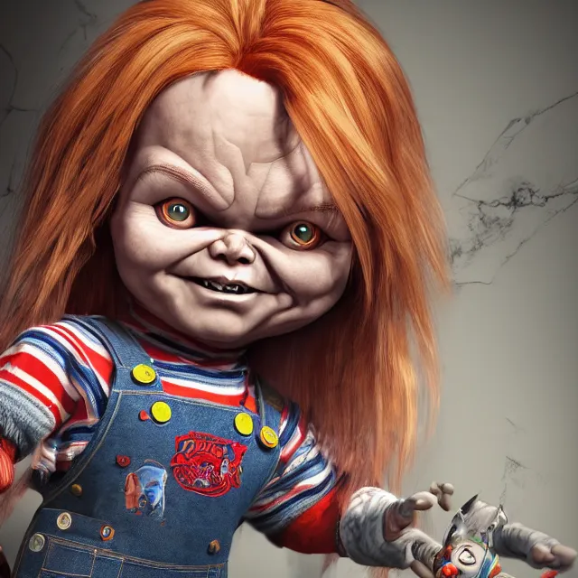 Prompt: chucky the doll, centred, very long hair, hd, hyperdetailed illustration by irakli nadar, intricate linework, bright colors, octopath traveler, final fantasy, unreal engine 5 highly rendered, global illumination, radiant light