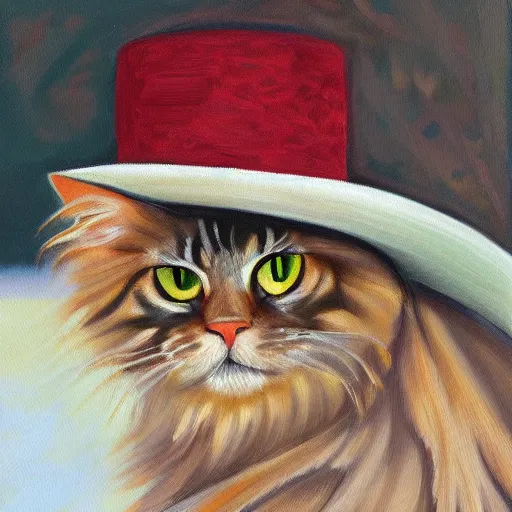 Image similar to Portrait Oil Painting, Ginger Maine-Coon with a white fluff wearing a sombrero sombrero