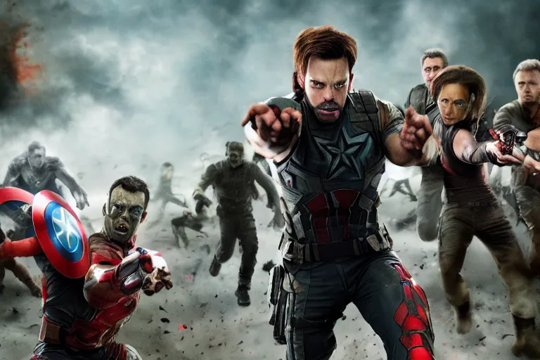 Image similar to film still of Bucky Barnes fighting zombies in new avengers movie, 4k