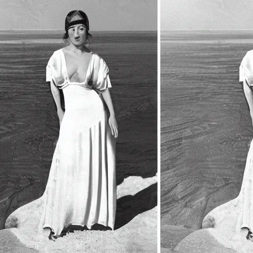 Image similar to a beautiful woman in an elegant see-thru white dress, wearing a black bikini underneath, 1920s, by Ilya Repin and WLOP, 8k octane render