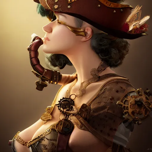 Prompt: julia garner starring as a steampunk burlesque pirate queen, made by stanley artgerm lau, wlop, rossdraws, artstation, cgsociety, concept art, cgsociety, octane render, trending on artstation, artstationhd, artstationhq, unreal engine, 4 k, 8 k