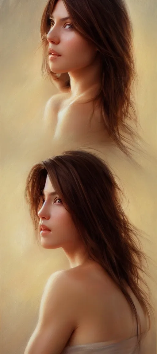 Image similar to a portrait of a very beautiful woman with a thin scar across her left cheek, brown eyes, shoulder-length brown hair, illustration, soft lighting, soft details, painting oil on canvas by mark arian by artgerm, trending on artstation, 4k, 8k, HD