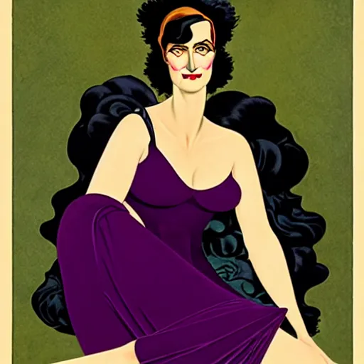 Image similar to Eva Green is Metamorpho, the Element Woman, Art by Coles Phillips, Chalk white skin, deep purple hair, Green eyes, Portrait of the actress, Eva Green as Metamorpho, carbon black and antique gold