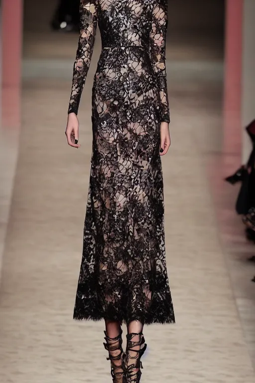 Image similar to valentino 2 0 1 3 floral, lace, geometric patterned, cybernetic fashion, dress, skirt & blouse