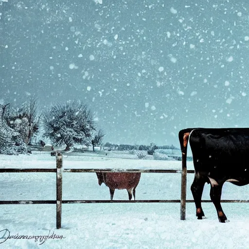 Prompt: a cow in back view, snow background, extremely detailed digital art