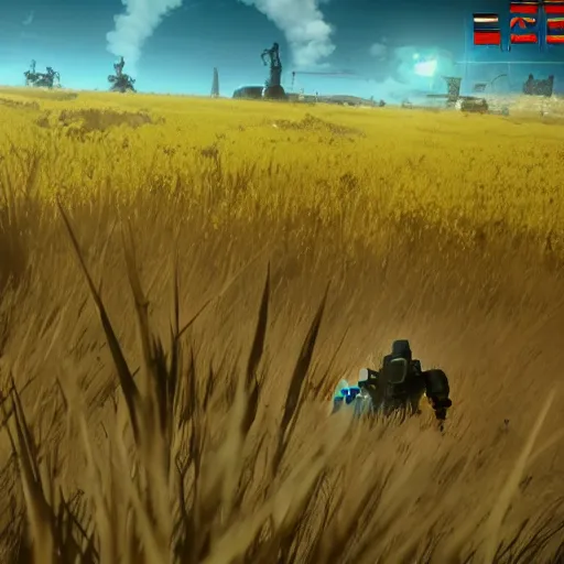 Image similar to russian tank boss fight from nier : automata in yellow rye field under pure blue skies