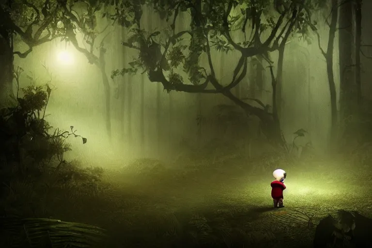 Image similar to a moody scene of a little boy talking with a spirit like a ghost in the middle of a rain forest at night, ultra realistic, style of