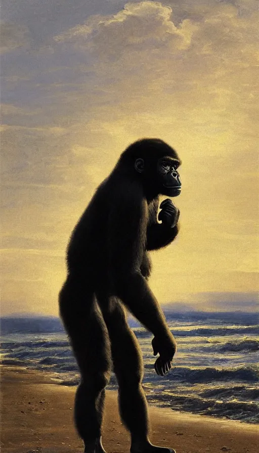 Prompt: Fuzzy gorilla on the beach, by Peder Krøyer, golden hour, dramatic lighting, volumetric lighting, intricately detailed, canvas print