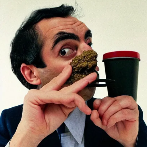 mr. bean pouring beans on his face and loving it | Stable Diffusion