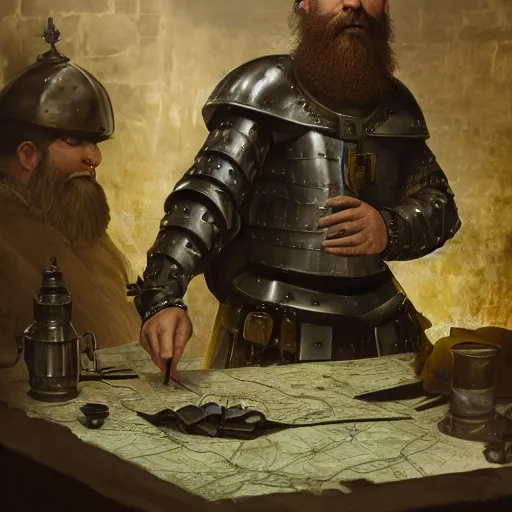Prompt: Closeup of frustrated and acerbic male medieval sergeant with a scruffy short!!!! beard wearing a {black and yellow tabard} over a steel breastplate and a black gambeson looking at a map on a table, intricate, dramatic lighting illustration by Greg Rutkowski, {perfect face}, {perfect eyes}, fantasy