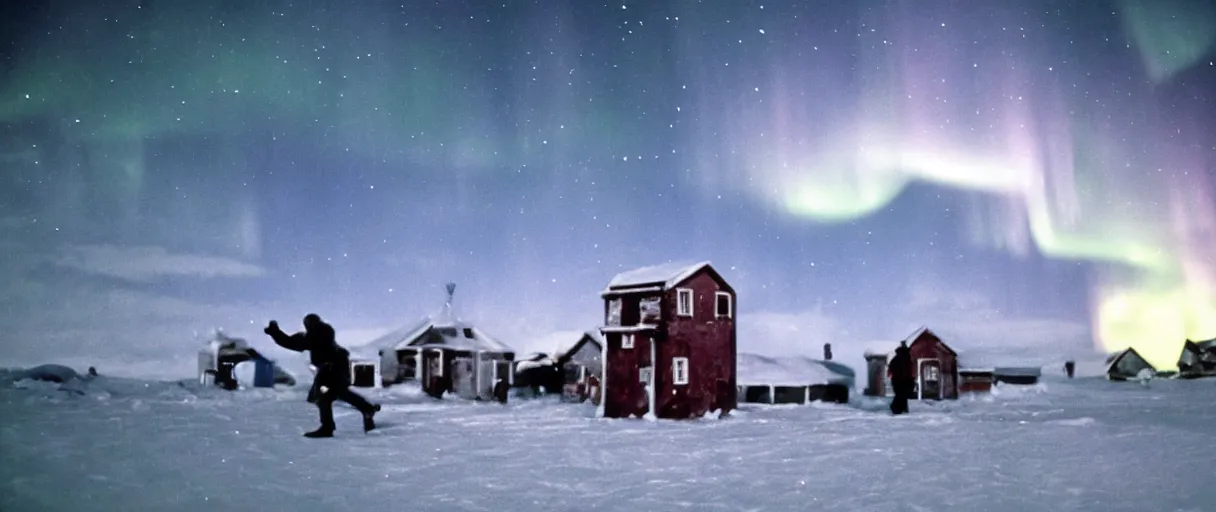 Prompt: filmic extreme wide shot movie still 4 k uhd exterior shot 3 5 mm film color photograph of a people running in terror around a village in the antarctic at night with the northern lights lighting up the sky and the buildings, in the style of the horror film the thing 1 9 8 2