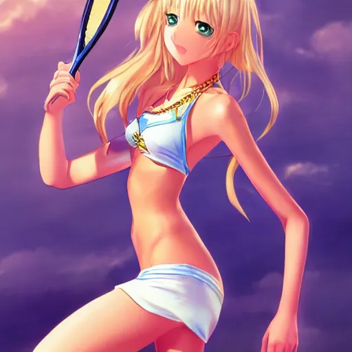 Image similar to full body shot : a very beautiful young blond tennis anime girl in golden chains, sky blue eyes,, tattoo, bikini, miniskirt, highly detailed, cinematic wallpaper by stanley artgerm lau