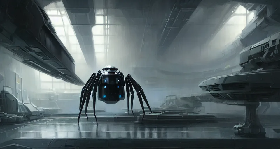 Image similar to hyper realistic sci - fi matte concept art painting of a giant spiderbot in a starship hanger, beautiful details, strong composition painted by kim jung guweta studio rutkowski, james gurney and greg rutkowski, and lucasfilm, smooth, intricate, detailed, sharp focus, cinematic