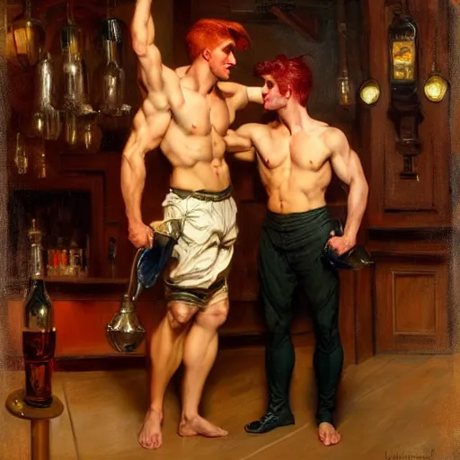 Prompt: attractive muscular male wearing pants with red hair and muscular attractive male wearing pants with black hair, drinking their hearts out, in a pub. very defined and highly detailed painting by j. c. leyendecker, gaston bussiere, craig mullins 8 k