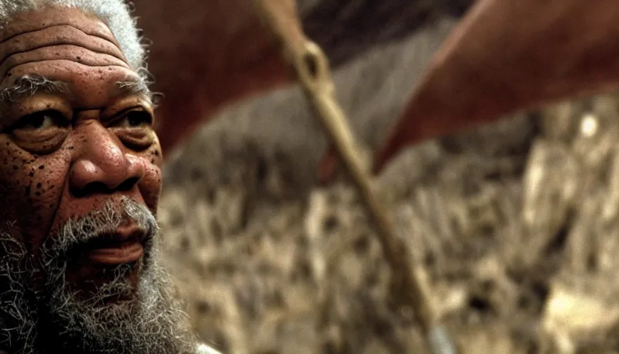 Prompt: morgan freeman as gimli in lord of the rings, cnn news footage taken from above.