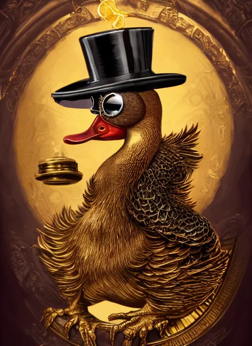 Image similar to athropomorphized rich duck capitalist sitting on pile of gold, wearing steampunk top hat, steampunk goggles, casting spell, concept art, insanely detailed and intricate, hypermaximalist, elegant, ornate, hyper realistic, super detailed, art deco, cinematic, trending on artstation, magic the gathering artwork