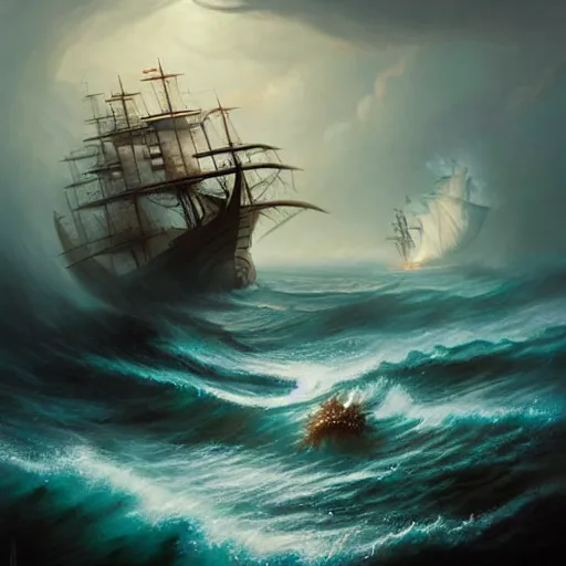 Image similar to A kraken emerging from the stormy ocean depths attacking a 17th century Ship-of-the-line, atmospheric, dramatic, concept art by Peter Mohrbacher