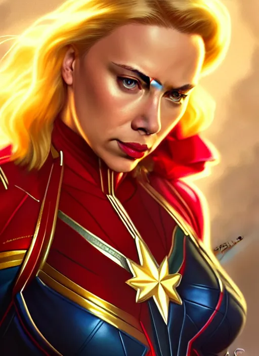 Prompt: Scarlett Johansson as Captain Marvel, fantasy, intricate, elegant, highly detailed, digital painting, artstation, concept art, smooth, sharp focus, illustration, art by artgerm and greg rutkowski and alphonse mucha