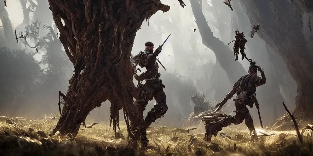 Prompt: a hunter in combat wooden exoskeleton with chrome details walks between the roots. hunting for monster. realism in style of fornite game. bio luminescent, plasma, ice, water, wind, creature, artwork by tooth wu and wlop and beeple and greg rutkowski, epic cinematic shot, perfectly defined features, ambient occlusion