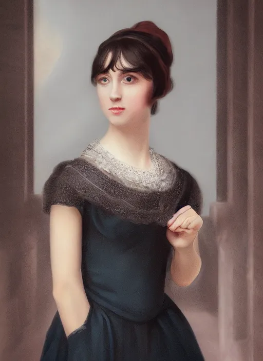 Image similar to a photograpic portrait of young woman, pride and prejudice, realistic, with kind face, dark hair, georgian dress, intricate, elegant, highly detailed, digital painting, smooth, sharp focus