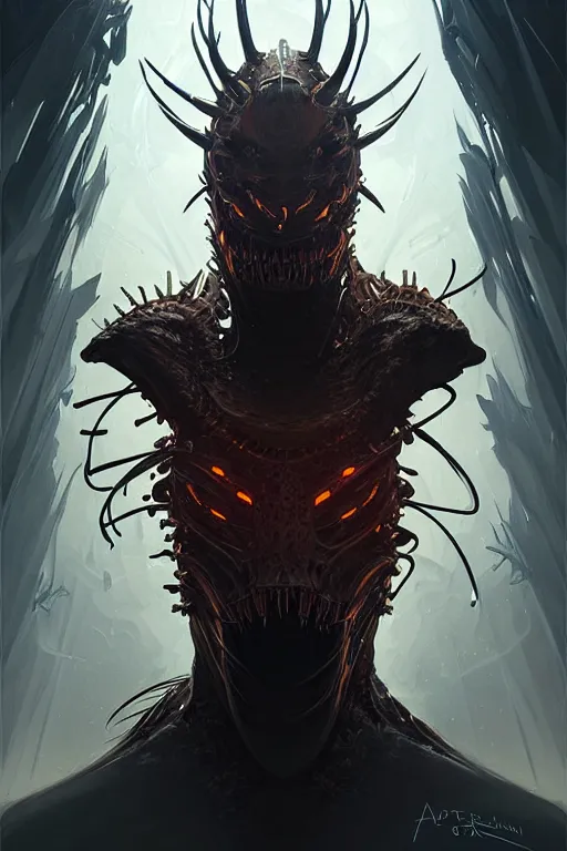 Image similar to professional concept art portrait of a terrifying! mechanical predatory! fractal! species in a dark room by artgerm and greg rutkowski. an intricate, elegant, highly detailed digital painting, concept art, smooth, sharp focus, illustration, in the style of cam sykes.