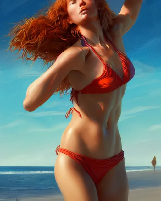 Prompt: day on the beach wearing a bikini, perfect face, ginger hair, abs, cinematic, stunning, cute, adorable, athletic, strong, agile, highly detailed, psychedelic, digital painting, artstation, smooth, hard focus, illustration, art by jessica rossier and and brian froud