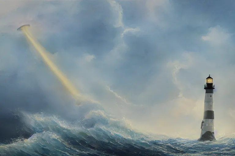 Prompt: A beautiful painting of a singular lighthouse, shining its light across a tumultuous sea by Jack Butler. very very detailed. trending on Artstation