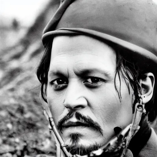 Prompt: Johnny depp as a soldier, ww1 trench, war photo, film grain