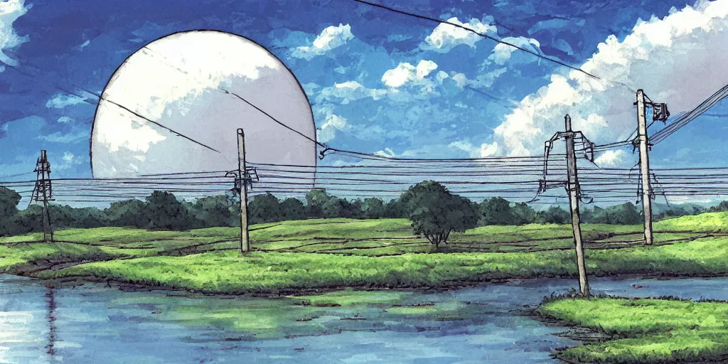 Image similar to round white dome and power lines, by a river and fields, art station, digital art, Studio Ghibli