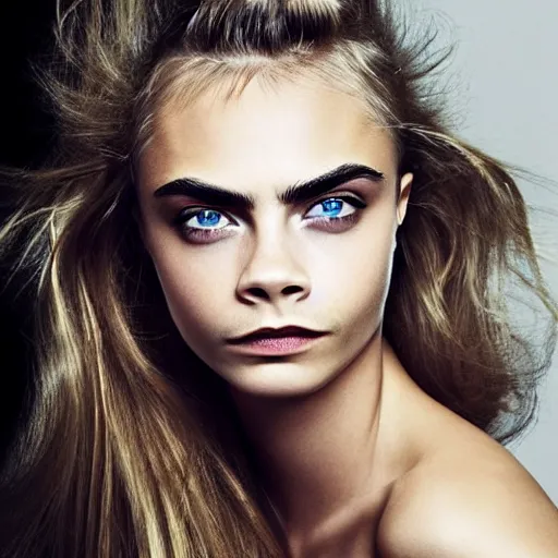 Prompt: photo of a gorgeous 20-year-old Cara Delevingne with 2050s hairstyle by Mario Testino, detailed, head shot, award winning, Sony a7R -