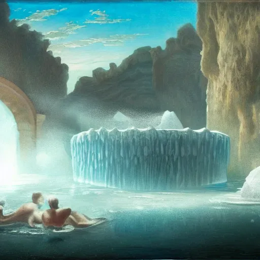 Image similar to The shadow of the dome of pleasure Floated midway on the waves; Where was heard the mingled measure From the fountain and the caves. It was a miracle of rare device, A sunny pleasure-dome with caves of ice!, cinematic lighting, detailed oil painting, hyperrealistic, 8k