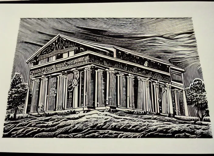 Image similar to a beautiful wood engraving on paper of the museum of everything