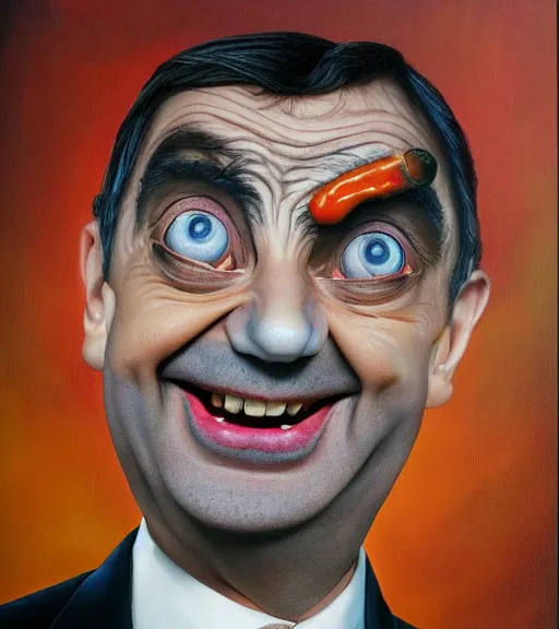 Prompt: mr bean covered in baked beans, surrealist oil painting, highly detailed