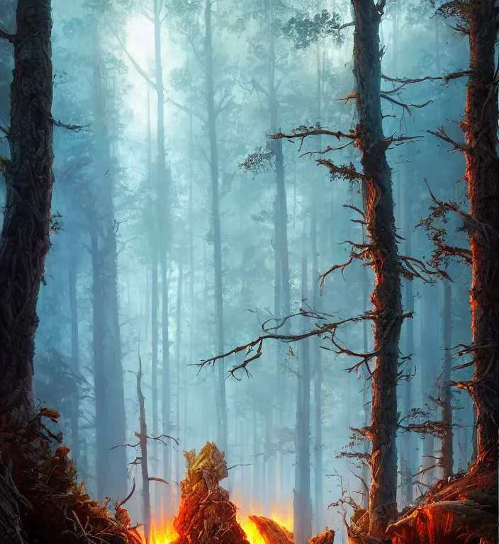 Image similar to flaming forest Ultra realistic! 25mm f/1.7 ASPH Lens backlit, strong rim light, highly detailed, digital painting, HDRI, by Alvaro Castagnet + Peter Mohrbacher + Dan Mumford + vivid colors + high contrast, 8k resolution, intricate, photorealistic, smooth