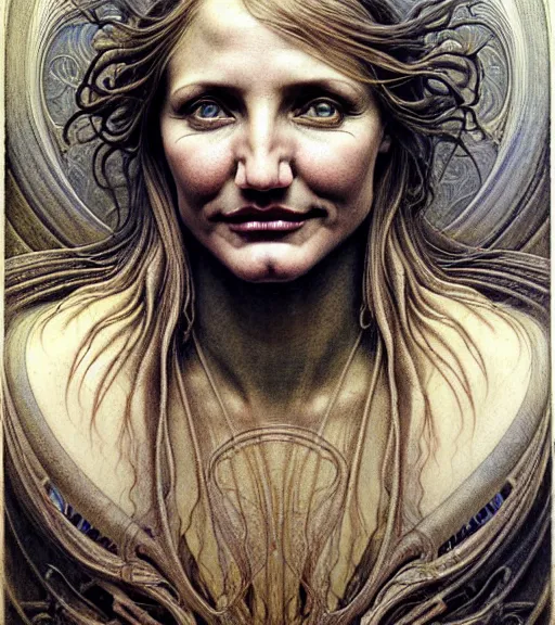 Image similar to detailed realistic cameron diaz face portrait by jean delville, gustave dore and marco mazzoni, art nouveau, symbolist, visionary, gothic, pre - raphaelite. horizontal symmetry by zdzisław beksinski, iris van herpen, raymond swanland and alphonse mucha. highly detailed, hyper - real, beautiful, fractal baroque